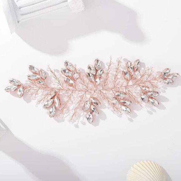 Rose Gold Rhinestone Headband Bridal Hair Vine for Women Weddings and Party main image 4